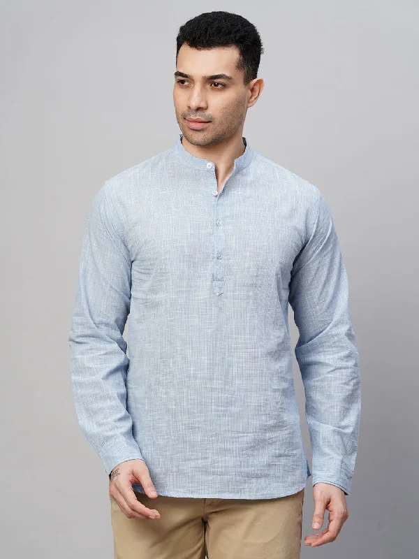 Men's Blue Cotton Regular Fit Kurta Checked Shirt