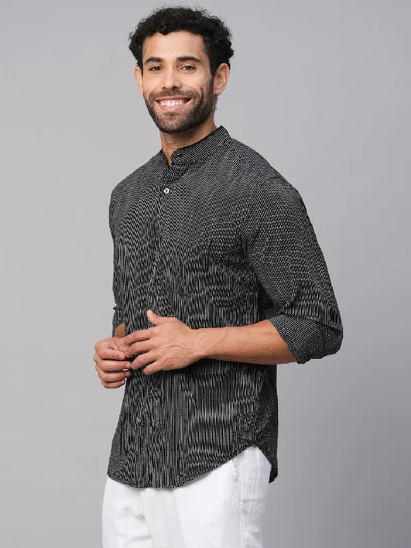 Men's Black/White Cotton Regular Fit Striped Shirt