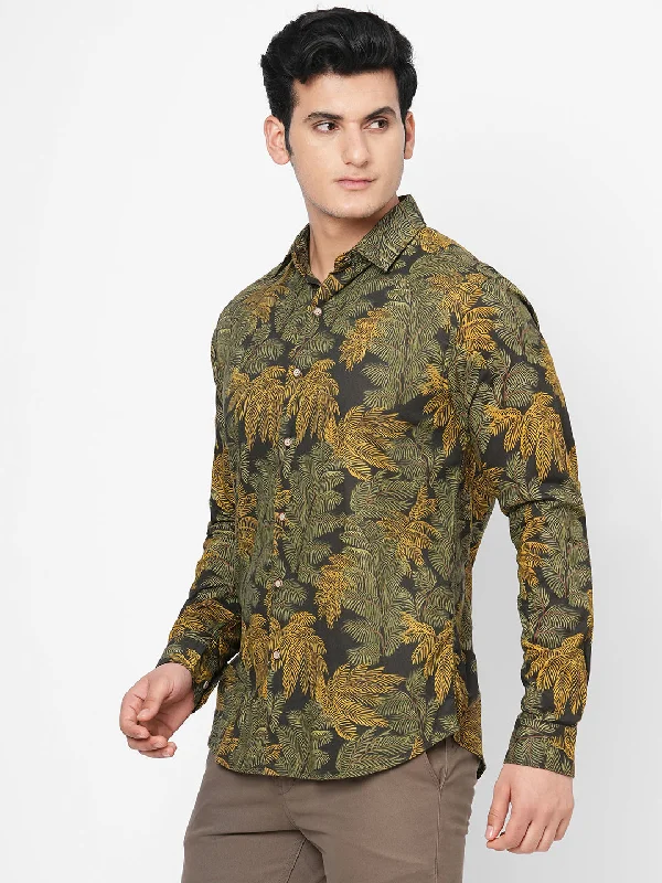 Men's Black Cotton Slim Fit Printed Shirt