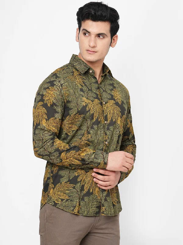 Men's Black Cotton Slim Fit Printed Shirt