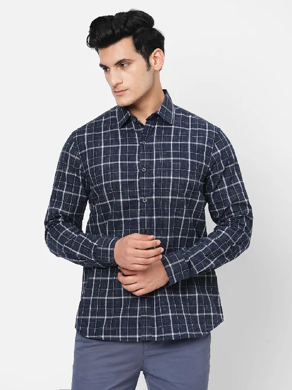 Men's Navy Cotton Regular Fit Checked Shirt