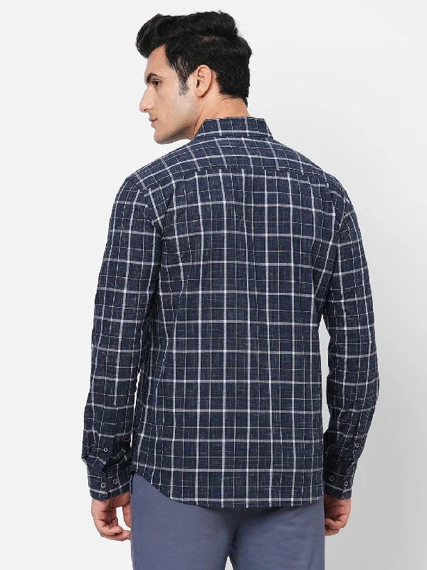 Men's Navy Cotton Regular Fit Checked Shirt