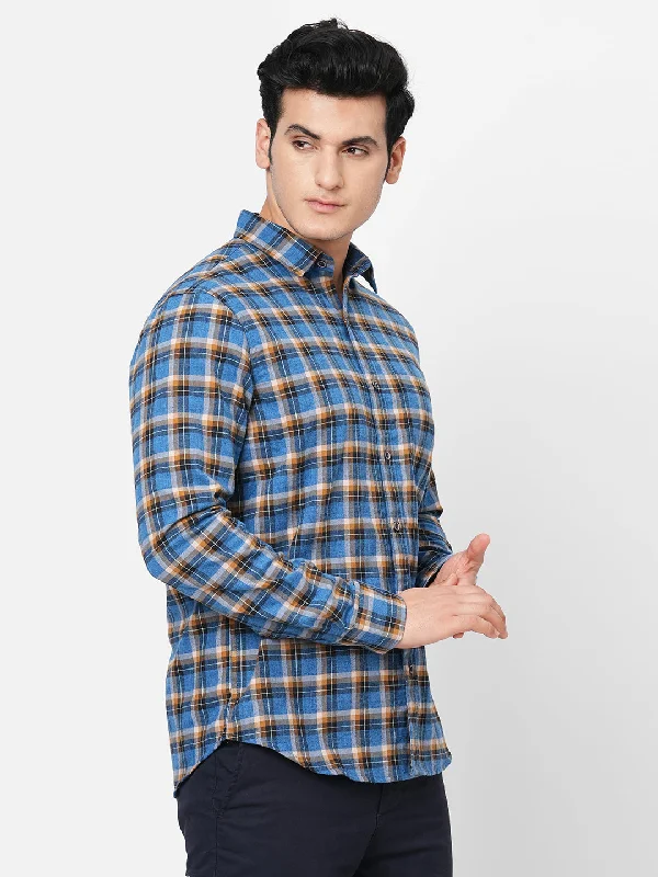 Men's Navy Cotton Regular Fit Checked Shirt