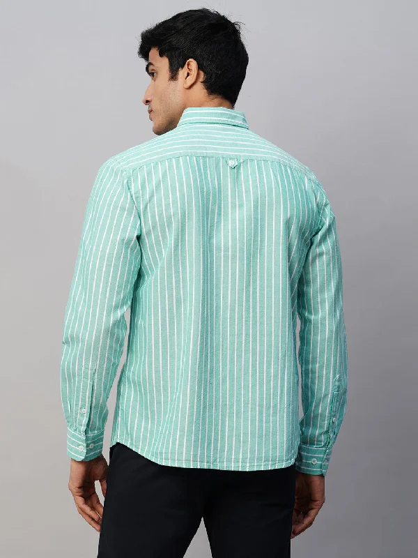 Men's Green Oxford Cotton Striped Regular Fit Long Sleeved Button Down Collar Shirt