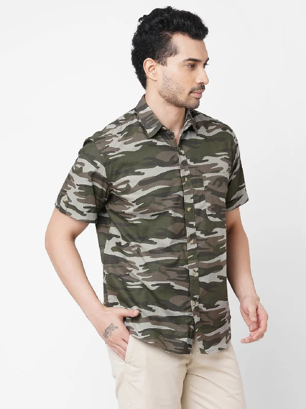 Men's Olive Cotton Camo Printed Regular Fit Short Sleeve Printed Shirt