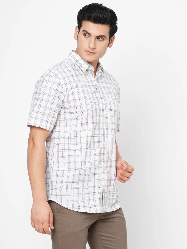 Men's White Cotton Regular Fit Checked Shirt