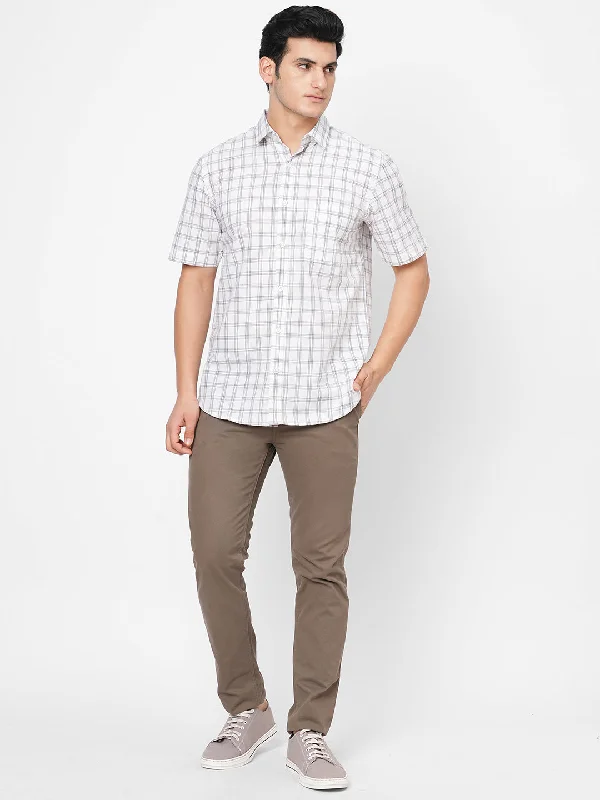 Men's White Cotton Regular Fit Checked Shirt