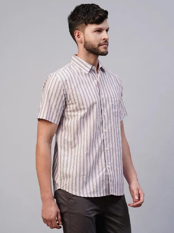 Men's Pink Cotton Regular Fit Striped Shirt