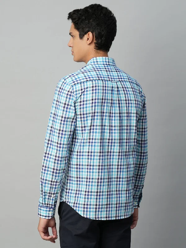 Men's Blue Cotton Regular Fit Checked Shirt