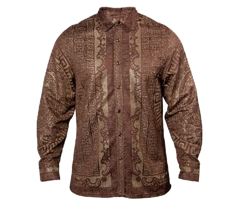 Prestige Brown Golden Glitter Greek Key Button Up Shirt