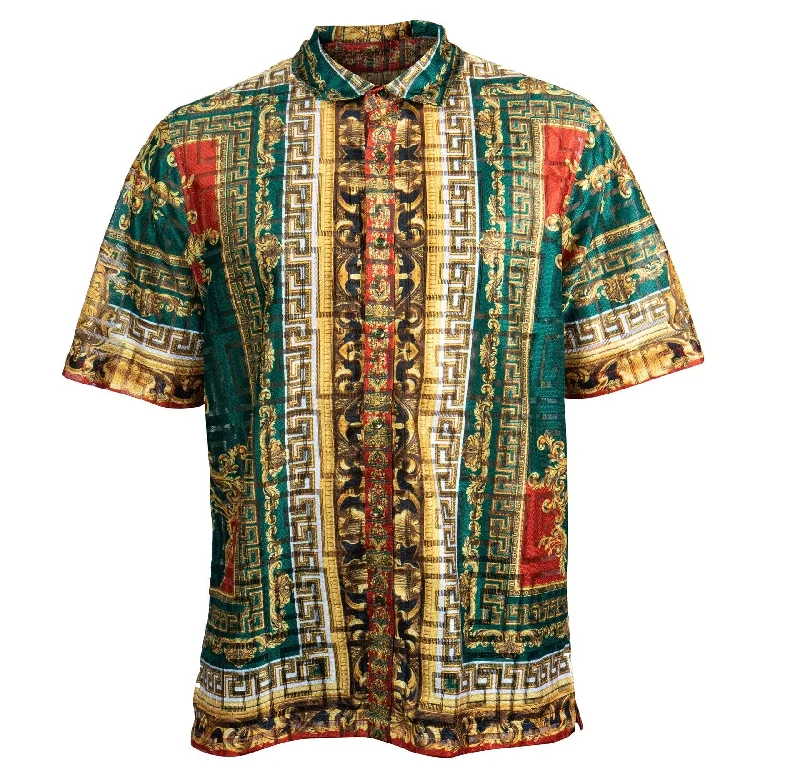 Prestige Lace Linen Royal Greek Key Green Button Up Shirt