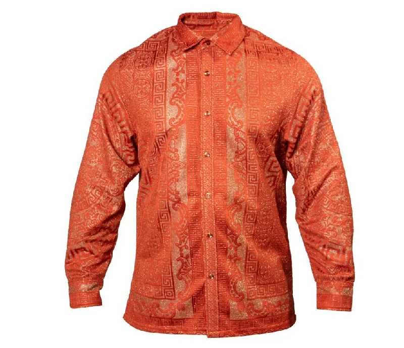 Prestige Orange Golden Glitter Greek Key Button Up Shirt