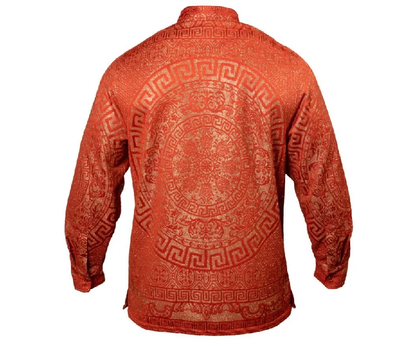 Prestige Orange Golden Glitter Greek Key Button Up Shirt