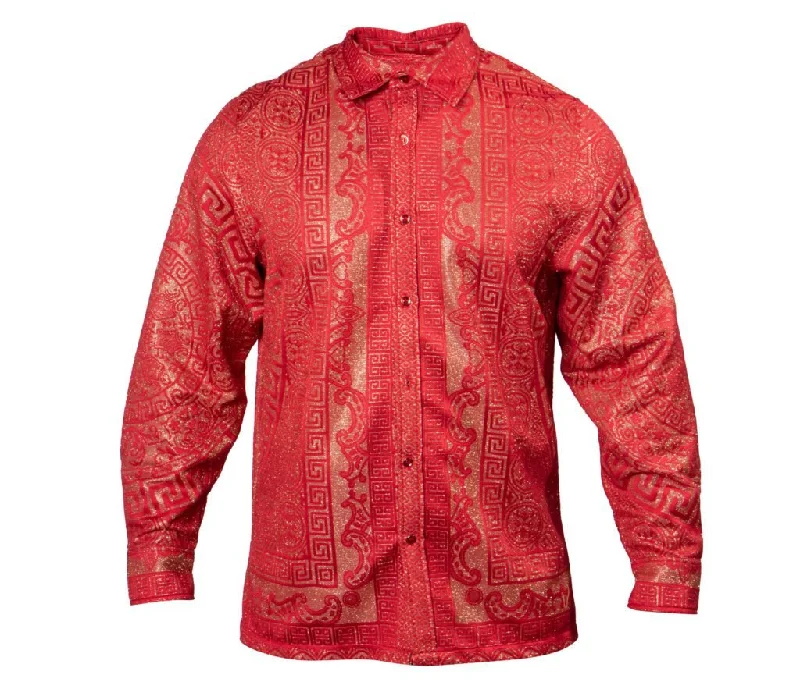 Prestige Red Golden Glitter Greek Key Button Up Shirt