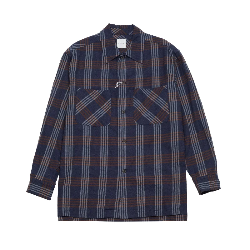 Sage De Cret Cotton Open Collar Shirt in Navy Check