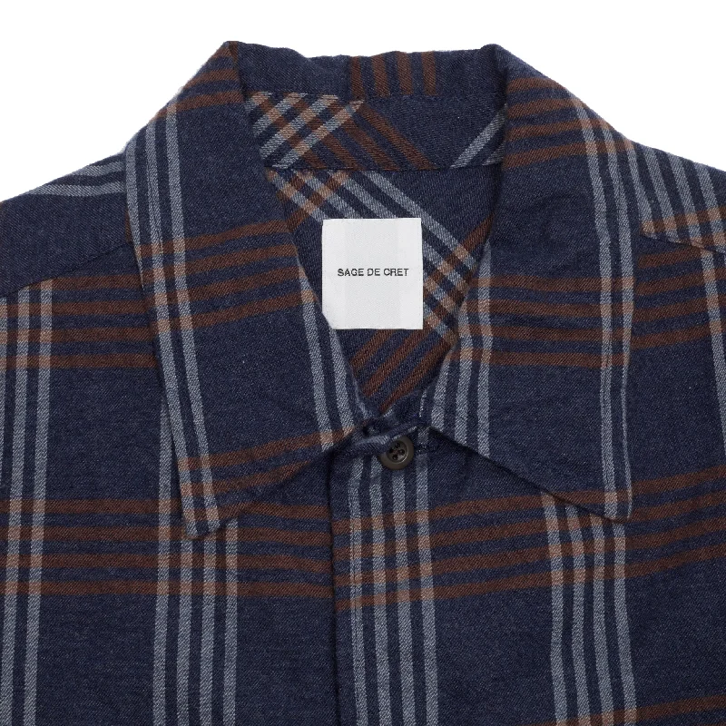 Sage De Cret Cotton Open Collar Shirt in Navy Check