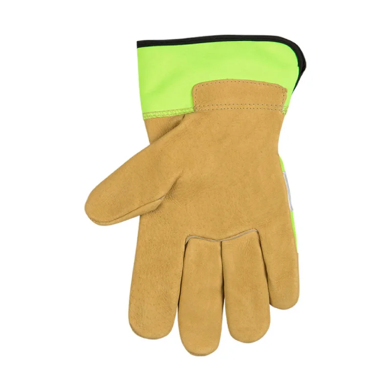 Kinco Men's Hi-Vis Green and Grain Pigskin Palm Work Gloves - Beige/Green