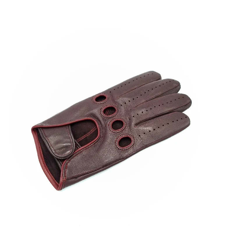 Men's bordeaux leather driving gloves with strap closure