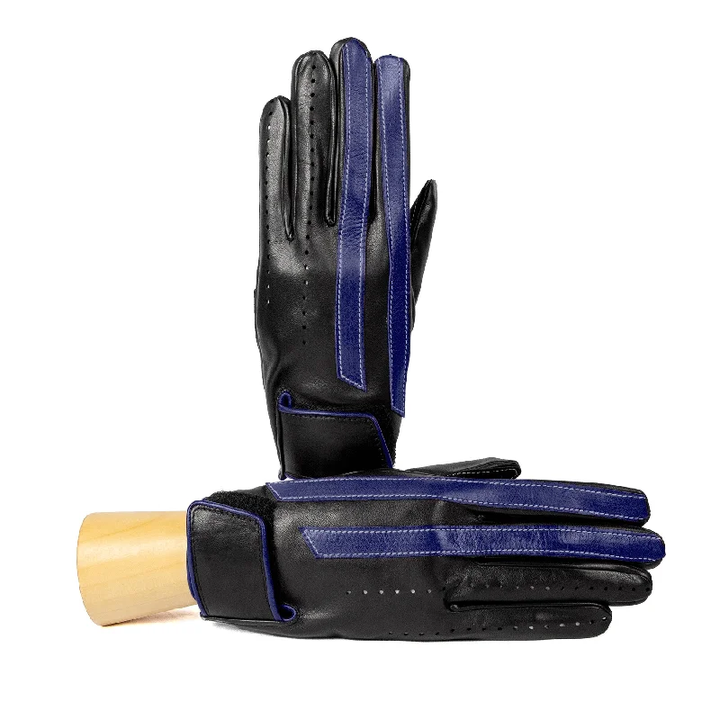 Men's unlined driving gloves in black nappa leather with blue leather strips