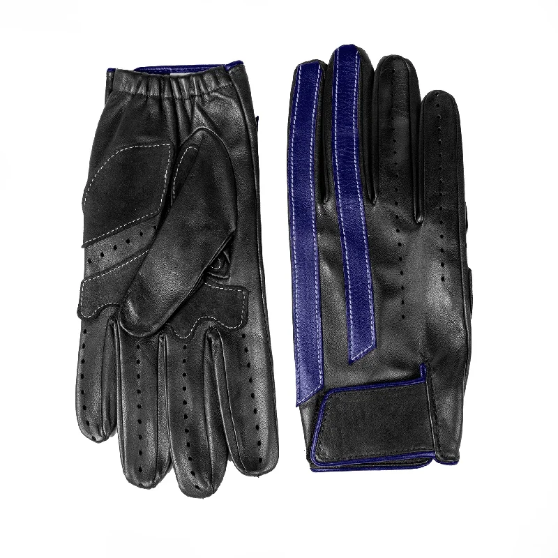 Men's unlined driving gloves in black nappa leather with blue leather strips