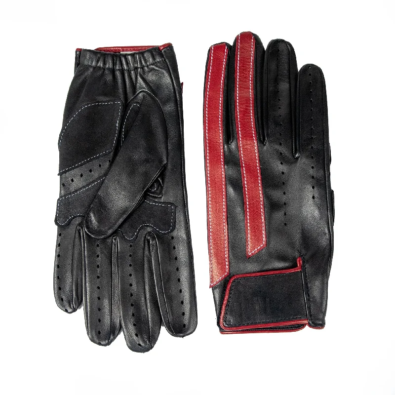 Men's unlined driving gloves in black nappa leather with red leather strips