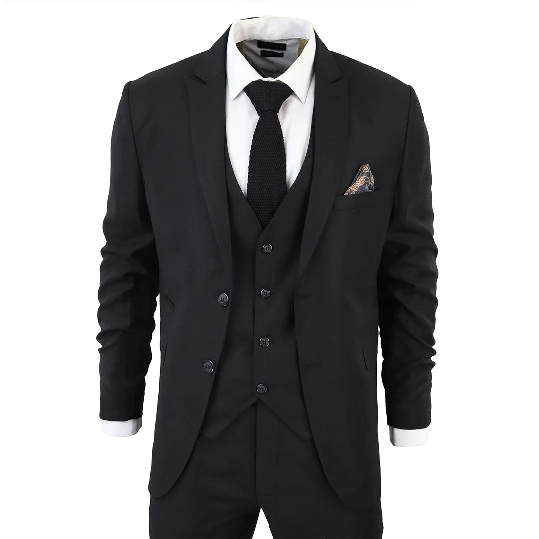 IM1 Men's Classic Plain Black 3 Piece Suit