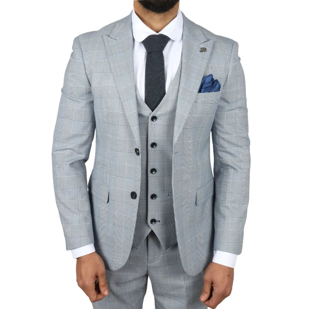 Mark - Men's Blue 3 Piece Tweed Check Tailored Fit Suit